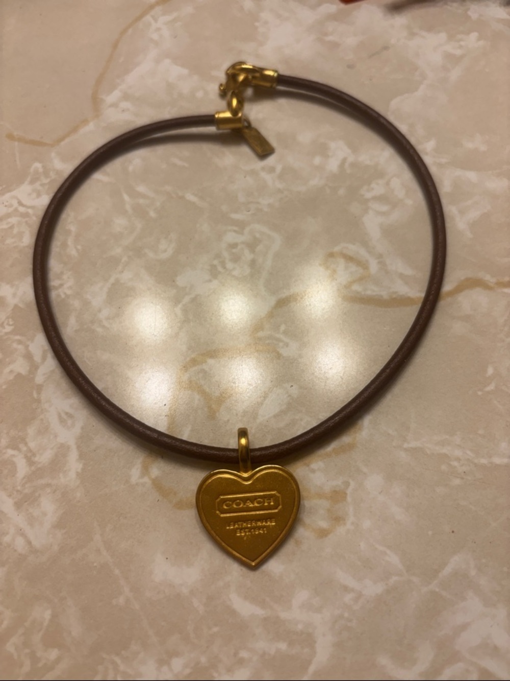 Coach Brown Leather Necklace with Gold Heart Pendant - Picture 5 of 5